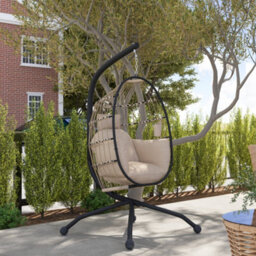 Outsunny Egg Chair Outdoor Indoor Garden Swing Chair, Folding Basket, Khaki - thumbnail 8