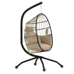 Outsunny Egg Chair Outdoor Indoor Garden Swing Chair, Folding Basket, Khaki - thumbnail 2