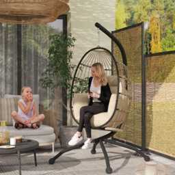 Outsunny Egg Chair Outdoor Indoor Garden Swing Chair, Folding Basket, Khaki