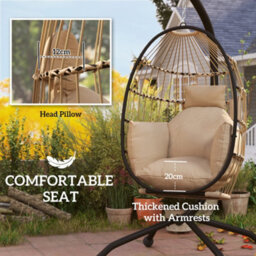 Outsunny Egg Chair Outdoor Indoor Garden Swing Chair, Folding Basket, Khaki - thumbnail 4