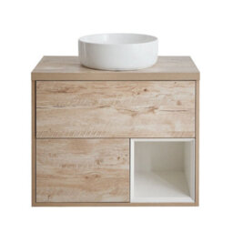 Homestylestore Light Oak 800mm Wall Hung Bathroom Vanity Unit With Round Countertop Basin - thumbnail 1