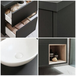 Homestylestore Black Grey 800mm Wall Hung Bathroom Vanity Unit Oval Chalk Countertop Basin Open Shelf - thumbnail 2