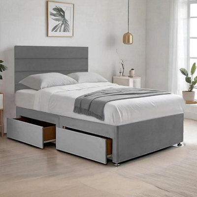Grey Plush 4Ft Small Double Bed With 20 Inch Headboard With Mattress And 2Drawers - image 1