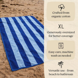 Misona Extra Large Organic Cotton Striped Beach Towel - Navy & Sky Blue Stripe - thumbnail 3