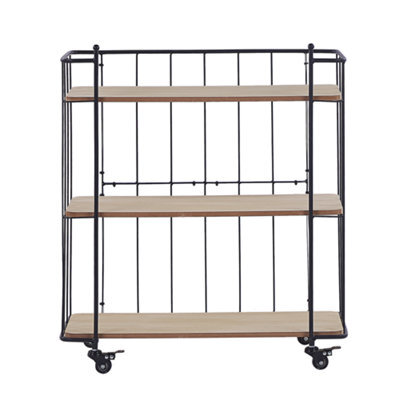 Wyld And Coco Kitchen Trolley 81Cm Black Metal Frame, 3 Light Brown Mdf Shelves, Castors - image 1