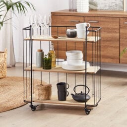 Wyld And Coco Kitchen Trolley 81Cm Black Metal Frame, 3 Light Brown Mdf Shelves, Castors - thumbnail 2