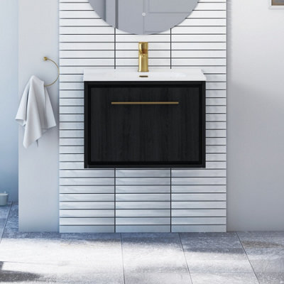 Royal Bathrooms Livora 600mm Black Woodgrain Wall Hung Bathroom Vanity Unit 1 Drawer With Ceramic Basin & Brushed Brass Handle - image 1