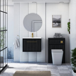 Royal Bathrooms Livora 600mm Black Woodgrain Wall Hung Bathroom Vanity Unit 1 Drawer With Ceramic Basin & Brushed Brass Handle - thumbnail 3
