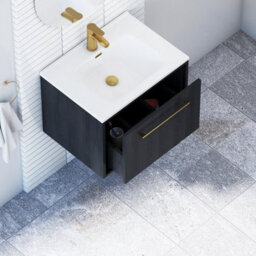 Royal Bathrooms Livora 600mm Black Woodgrain Wall Hung Bathroom Vanity Unit 1 Drawer With Ceramic Basin & Brushed Brass Handle - thumbnail 4