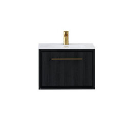 Royal Bathrooms Livora 600mm Black Woodgrain Wall Hung Bathroom Vanity Unit 1 Drawer With Ceramic Basin & Brushed Brass Handle - thumbnail 5