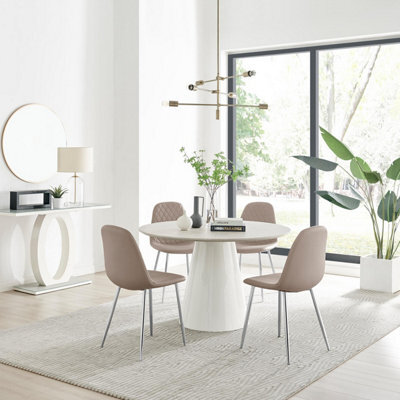 Furniturebox Uk Palma Beige Stone Effect Round Dining Table & 4 Cappuccino Corona Silver Chairs - image 1