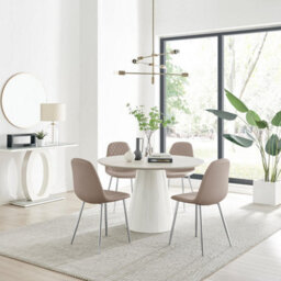 Furniturebox Uk Palma Beige Stone Effect Round Dining Table & 4 Cappuccino Corona Silver Chairs - thumbnail 1