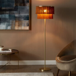 Beliani Floor Lamp 137 Cm - Brown Linen Shade With Tassel Fringe, Gloss Gold Base - thumbnail 1