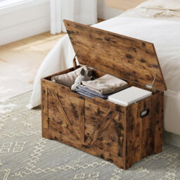 Wooden Trunk, Shoe Storage Bench, Organiser Box, 2 Safety Hinges, Farmhouse, Rustic Brown