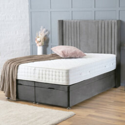 Bsspoke Ottoman Divan End Lift Up Bed Grey Plush With Orthopaedic Mattress & 54Inch Winged Panel Headboard In All Sizes - thumbnail 1