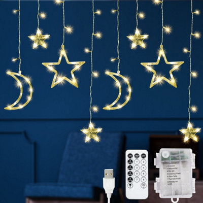 Globrite Christmas Curtain String Lights - 138 Led, Warm White - Star & Moon Shapes Usb Battery Powered 8 Modes With Remote - image 1