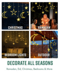 Globrite Christmas Curtain String Lights - 138 Led, Warm White - Star & Moon Shapes Usb Battery Powered 8 Modes With Remote - thumbnail 6