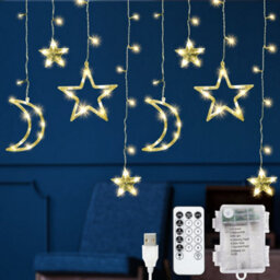 Globrite Christmas Curtain String Lights - 138 Led, Warm White - Star & Moon Shapes Usb Battery Powered 8 Modes With Remote - thumbnail 1