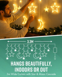 Globrite Christmas Curtain String Lights - 138 Led, Warm White - Star & Moon Shapes Usb Battery Powered 8 Modes With Remote - thumbnail 4