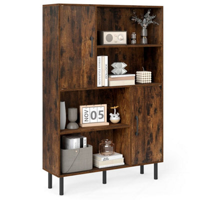 Brown Cube Storage Cabinet Rustic Brown Bookcase With 2 Doors And 4 Open Shelves - image 1