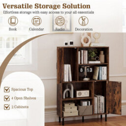 Brown Cube Storage Cabinet Rustic Brown Bookcase With 2 Doors And 4 Open Shelves - thumbnail 6