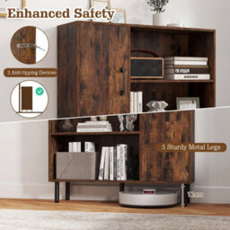 Brown Cube Storage Cabinet Rustic Brown Bookcase With 2 Doors And 4 Open Shelves - thumbnail 5