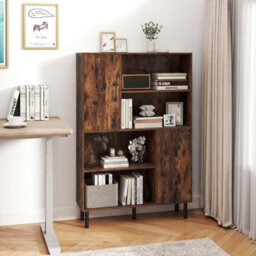 Brown Cube Storage Cabinet Rustic Brown Bookcase With 2 Doors And 4 Open Shelves - thumbnail 3