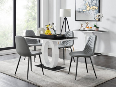 Furniturebox Giovani Rectangular 4 Seat White High Gloss Unique Halo Dining Table Black Glass Top 4 Grey Faux Leather Black Leg Corona Chairs - image 1