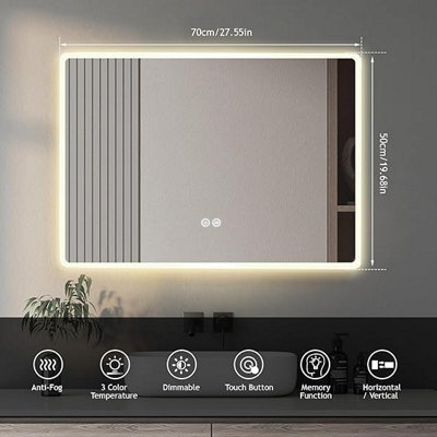 Biznest 50X70Cm Led Bathroom Mirror Wall Mount Dimmer Backlit Anti Fog 3 Color Tones Rectangular Bluetooth Speakers