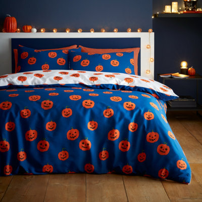 Catherine Lansfield Halloween Pumpkins Reversible Duvet Cover Set With Pillowcases Navy Blue - image 1