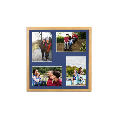 AK Frames 12X12 Oak Sleek Multi Photo Frame With Blue Mount - Holds 4 Apertures (4X) 6X4 Photos - image 1