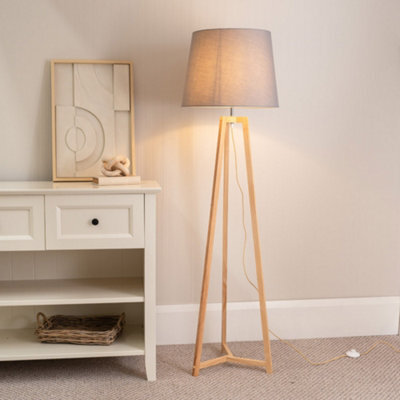Valuelights Lottie Natural Wood Tripod Floor Lamp With Grey Tapered Shade - image 1