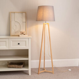 Valuelights Lottie Natural Wood Tripod Floor Lamp With Grey Tapered Shade