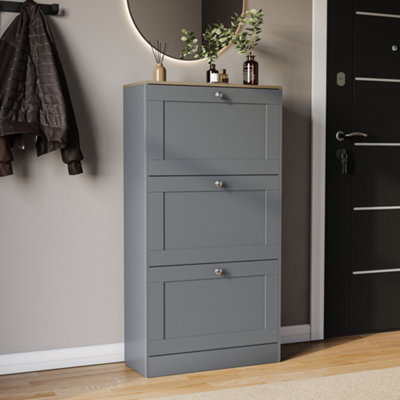 Lassic Vida Designs 3 Drawer Shoe Storage Cabinet For Hallway Shoe Cupboard Organiser Up To Size 10, H 117 X W 58 X D 24 Cm, Grey & Oak - image 1