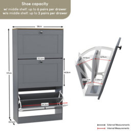 Lassic Vida Designs 3 Drawer Shoe Storage Cabinet For Hallway Shoe Cupboard Organiser Up To Size 10, H 117 X W 58 X D 24 Cm, Grey & Oak - thumbnail 4