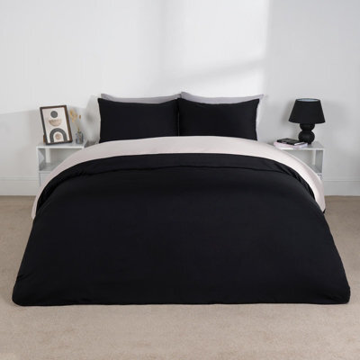 Ohs Reversible Duvet Cover Pillowcase Bedding Set, Black Cream- King