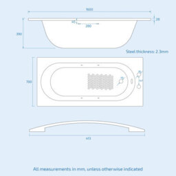 Nes Home Premium 1600 X 700mm 2Th Steel Enamel Bath, Handles & Anti Slip Base - thumbnail 3