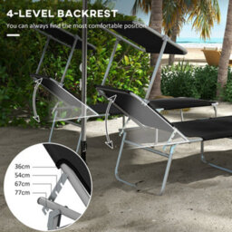 Outsunny Folding Sun Lounger Set Of 2 W/ Sunshade Adjustable Backrest Black - thumbnail 4