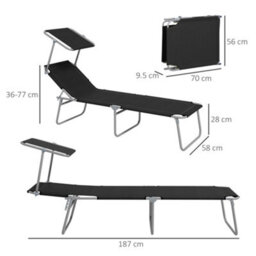 Outsunny Folding Sun Lounger Set Of 2 W/ Sunshade Adjustable Backrest Black - thumbnail 3