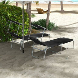 Outsunny Folding Sun Lounger Set Of 2 W/ Sunshade Adjustable Backrest Black - thumbnail 9