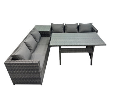 Fimous 6 Seater Outdoor Corner Sofa Dining Table Set Garden Rattan Furniture Set With Side Table Dark Grey - image 1
