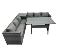 Fimous 6 Seater Outdoor Corner Sofa Dining Table Set Garden Rattan Furniture Set With Side Table Dark Grey - thumbnail 1