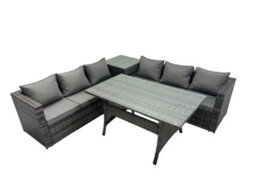 Fimous 6 Seater Outdoor Corner Sofa Dining Table Set Garden Rattan Furniture Set With Side Table Dark Grey - thumbnail 2