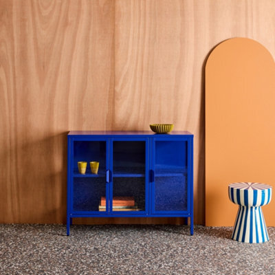 Sweeek - Industrial Metal And Tempered Glass Sideboard With 3 Doors 100Cm, Arkansas, Blue, 100X35X80 Cm - image 1