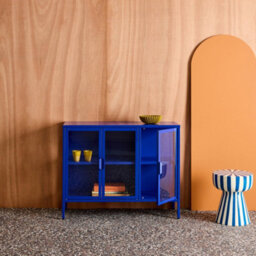 Sweeek - Industrial Metal And Tempered Glass Sideboard With 3 Doors 100Cm, Arkansas, Blue, 100X35X80 Cm - thumbnail 4