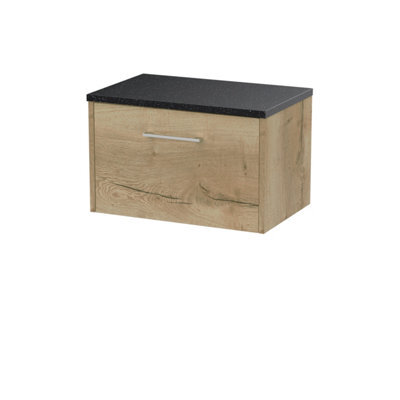 Hudson Reed Juno Wall Hung 1-Drawer Vanity Unit & Black Worktop, Stylish Countertop Basin Unit In Autumn Oak, 600mm - image 1