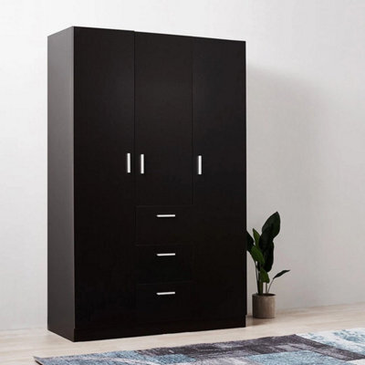 Black 3 Door 3 Drawer Wardrobe With Storage Shelf Hanging Rail Bedroom Clothes Closet - image 1