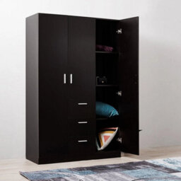 Black 3 Door 3 Drawer Wardrobe With Storage Shelf Hanging Rail Bedroom Clothes Closet - thumbnail 4