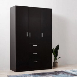 Black 3 Door 3 Drawer Wardrobe With Storage Shelf Hanging Rail Bedroom Clothes Closet - thumbnail 1