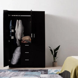 Black 3 Door 3 Drawer Wardrobe With Storage Shelf Hanging Rail Bedroom Clothes Closet - thumbnail 3